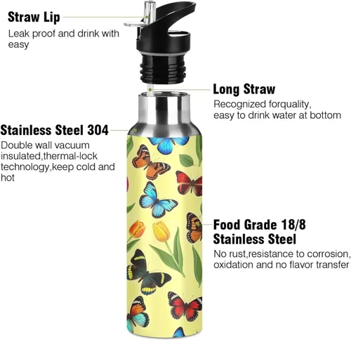 Miniatura 3 de Stainless Steel Vacuum Insulated Water Bottle 32 Oz, Leakproof Water Bottles for Gym Outdoor Travel School, Colorful Butterflies Tulips Yellow