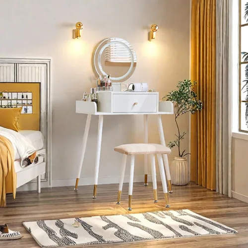 Escritorio de tocador, escritorio de maquillaje blanco con espejo y luces, 3 colores y brillo ajustable, mesa de tocador con toma de corriente y