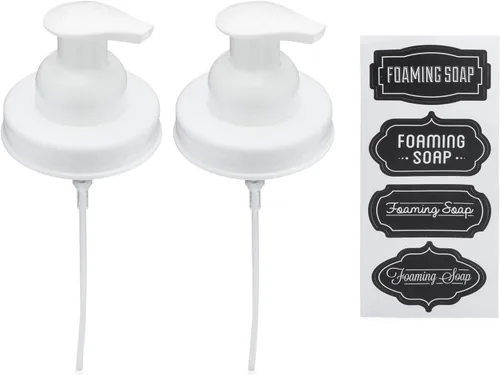 Jarmazing Products Mason Jar - Tapas dispensadoras de jabón espumoso, incluye calcomanías impermeables, color blanco, paquete de 2