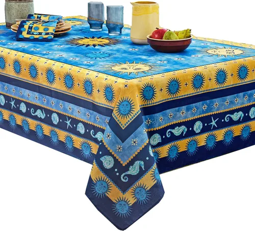 Miniatura 4 de Home Bargains Plus Mantel rectangular de tela mediterránea con sol azul de 60 x 120 pulgadas, diseño de borde de medallón costero, resistente a