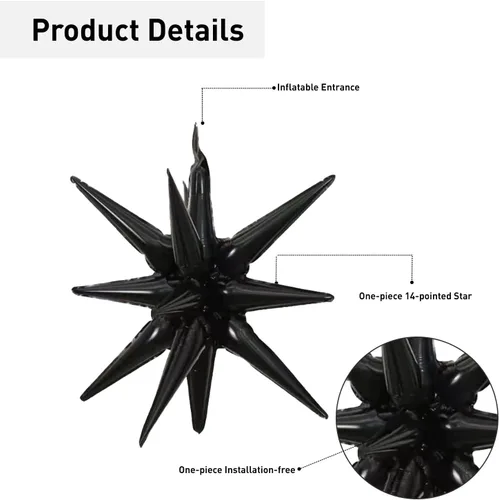 Miniatura 3 de 6 Globos de Papel de Aluminio con Forma de Estrella Negra de Una Pieza, Globo de Estrella de 14 Puntas 4D Cono Starburst de Mylar de 22 Pulgadas