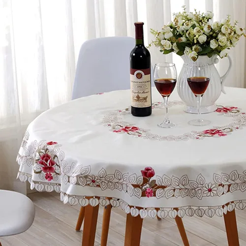 Miniatura 2 de LeLehome - Mantel de encaje bordado con flores cafés, color crema y beige, diseño clásico y tela que no se arruga para mesa de comedor