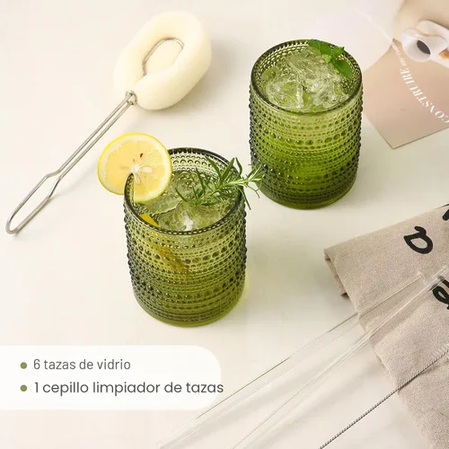Miniatura 5 de ZMOWIPDL Juego de vasos de vidrio vintage de 6, vasos de 12 oz con asa de vidrio, jarra de agua verde en relieve, para cerveza, cóctel, whisky, jugo