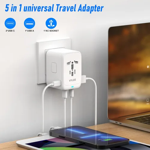 Miniatura 3 de VYLEE Adaptador de enchufe de viaje, cargador de viaje rápido GaN de 65W, adaptador de enchufe internacional con 3 USB-C PD y 1 USB-A QC con Blanco