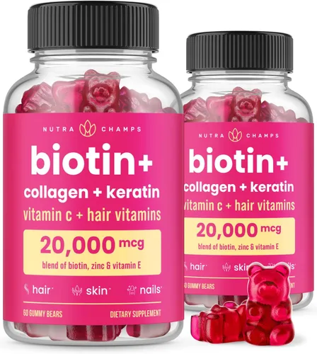 NutraChamps Gomitas de biotina de 5000 mcg con colágeno, queratina y más – Vitaminas para la piel y las uñas para mujeres y hombres – Apoya el ciclo