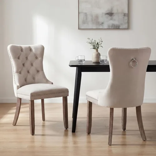 Miniatura 35 de OVENTA Juego de 4 sillas de comedor modernas tapizadas copetudas, terciopelo negro y gris y cuero con patas de madera maciza, sillas de cocina