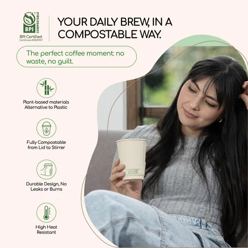 Miniatura 3 de Living Balance - Tazas de café compostables certificadas con tapas, 12 onzas, paquete de 100 con agitadores y mangas integradas, resistentes