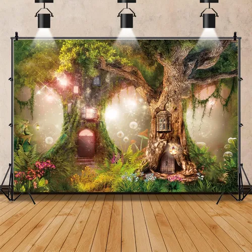 Miniatura 2 de Renaiss Telón de fondo de bosque encantado de 5 x 3 pies, casa de árbol mágico, cuento de hadas, país de las maravillas, bosque, fantasía, selva