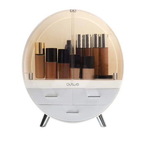 Elegante caja organizadora de maquillaje a prueba de polvo, organizador de cosméticos mediano impermeable con cajones para cuidado de la piel,
