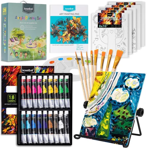 koseibal Juego de pintura acrílica para niños, kit de suministros de pintura artística con 18 pinturas, 5 paneles de lienzo, 8 pinceles, caballete