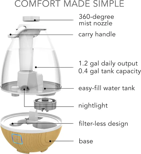 Miniatura 4 de Sharper Image UHT1-SI Humidificador ultrasónico de niebla fría, tanque de agua de 0.4 galones (1.5 litros), 2 ajustes, apagado automático, boquilla