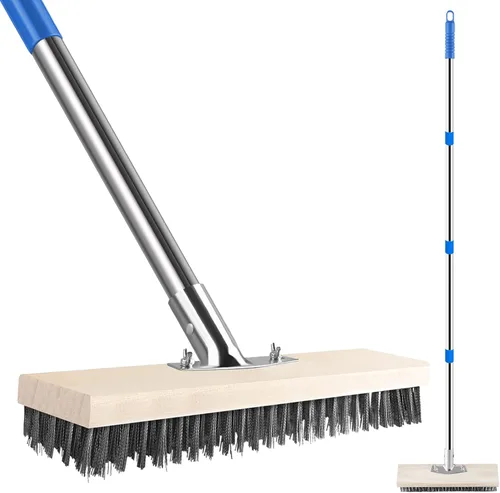 SUNBABA Cepillo de limpieza de alambre de acero inoxidable con mango largo de 62 pulgadas, escoba de cerdas de metal rígidas de alta resistencia