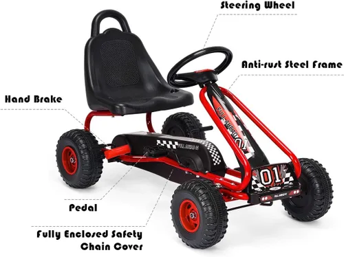 Miniatura 5 de HONEY JOY Go Kart para niños, carrito de 4 ruedas alimentado por pedal con volantes y asiento ajustable, freno de mano de seguridad, neumáticos Rojo