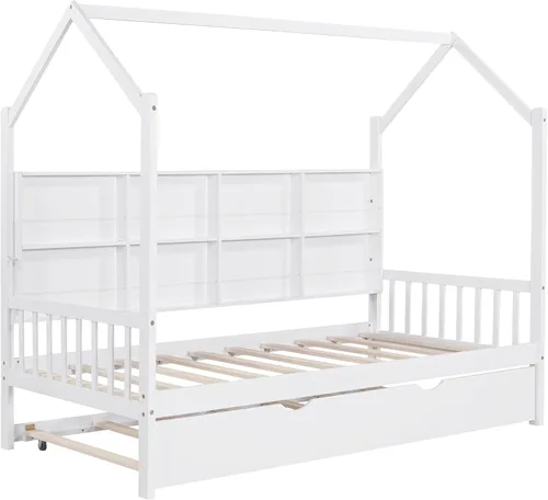 Miniatura 4 de Merax Cama de madera de tamaño individual, marcos de cama individual de madera maciza con nido y estante, cama de casa para niños, color blanco