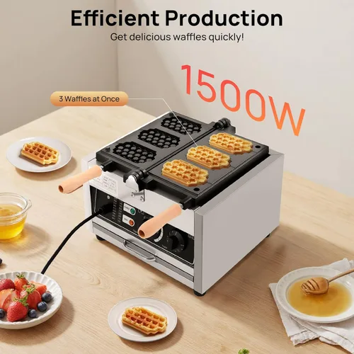 Miniatura 4 de Máquina de hacer gofres eléctrica antiadherente comercial de 3 rebanadas de panal, máquina de hacer gofres eléctrica comercial antiadherente