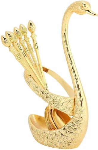 Miniatura 2 de Kit de cuchara de café con soporte en forma de cisne de aleación de zinc y 6 cucharas de café de acero inoxidable, juego de cucharas de comida