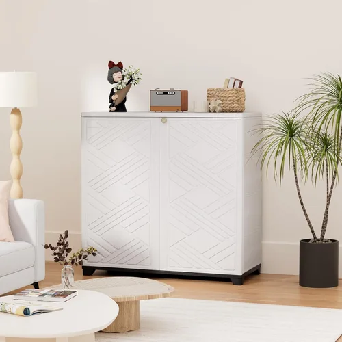 Miniatura 2 de HOMSPARK Armario de almacenamiento para interiores y exteriores con puertas y 1 estante, caja de almacenamiento de plástico HDPE de 34 x 15 x 34