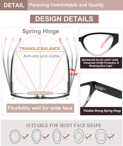 Miniatura 4 de EYEURL Paquete de 4 lentes de lectura con diseño de ojo de gato para mujer, lentes de computadora con bloqueo de luz azul con bisagra de resorte