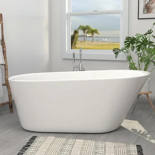 Miniatura 12 de Bañera independiente de acrílico de 59", bañera independiente de doble extremo, bañera de remojo con desbordamiento ranurado integrado, desagüe