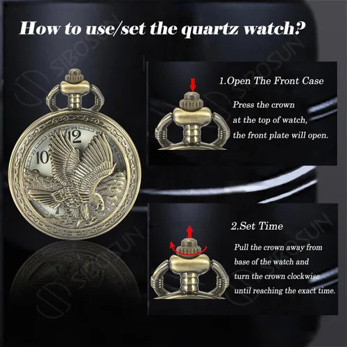 Miniatura 4 de SIBOSUN Eagle Design - Reloj de bolsillo con cadena, reloj de bolsillo antiguo, movimiento de cuarzo, reloj Qocket para hombre, esfera de números