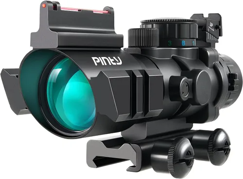 PINTY Alcance táctico de 4 x 32 con mira de fibra óptica, rojo verde y azul iluminado, alcance de prisma de retícula con 3 niveles de brillo,