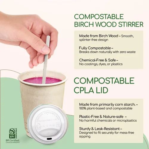 Miniatura 5 de Living Balance - Tazas de café compostables certificadas con tapas, 12 onzas, paquete de 100 con agitadores y mangas integradas, resistentes