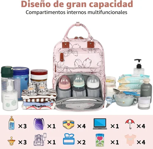 Miniatura 7 de Legestori Mochila Bolsa de Pañales, Bolsa de Pañales para Bebé Niña con Bolsillos Aislados y Correas para Cochecito, Rosa, Grande, Mochila