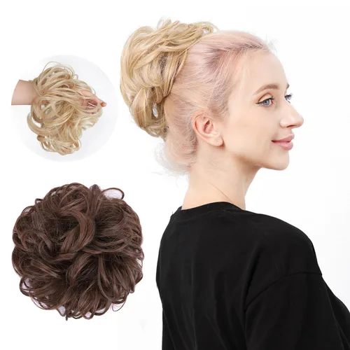 Miniatura 14 de Moño de cabello despeinado castaño, moños desordenados falsos sintéticos, moño rizado, moño recogido y moño, extensiones de cabello envolvente