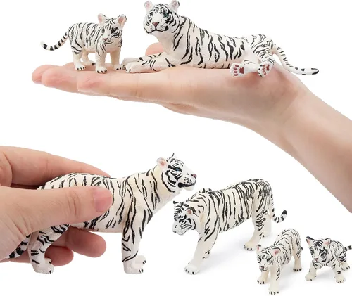 Miniatura 3 de Toymany 6 figuras realistas de tigres blancos con cachorros de tigre, figuras familiares de animales de la selva de 2 a 6 pulgadas, incluye tigres