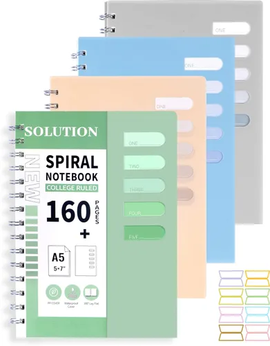 Yoment Paquete de 4 cuadernos en espiral A5, cuaderno encuadernado en espiral de tapa dura de 5.7 x 8.25, 160 páginas con rayas universitarias, para