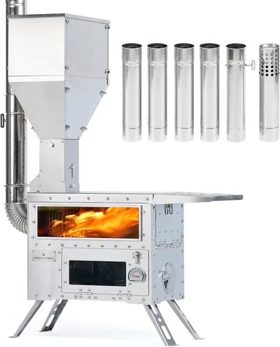 GREEN STOVE Estufa de pellets con horno, estufa de leña portátil para exteriores, cocina, senderismo, estufa de tienda caliente con construcción de