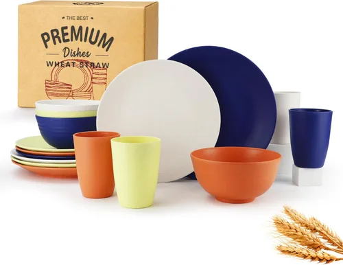 Miniatura 16 de Homienly Juegos de Vajilla Premium de Paja de Trigo, Platos y Tazones Ligeros e Irrompibles, Tazas, Servicio para 4, Apto para Lavavajillas