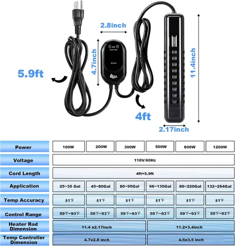 Miniatura 7 de AQQA Calentador sumergible para acuario, calentador de tanque de peces de 100 W/200 W/300 W/500 W/800 W/1000 W/1200 W, controlador de temperatura