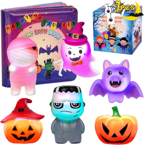 Juguetes de baño iluminados de Halloween para niños pequeños, juguetes de baño sin agujeros con libro de baño de Halloween, luz LED, juguetes de