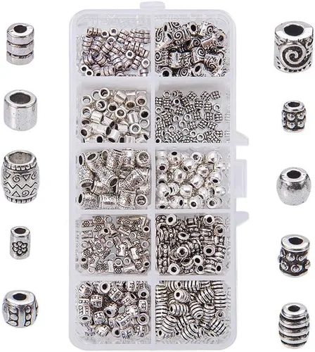 PH PandaHall 500 cuentas espaciadoras de columna, espaciadores de metal de tubo de 10 estilos, cuentas de plata antigua, espaciadores de aleación