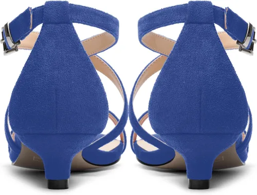 Miniatura 4 de ROSERWISH Sandalias de tacón bajo con hebilla de moda para mujer, con puntera redonda, de gamuza, para boda, 1.5 pulgadas