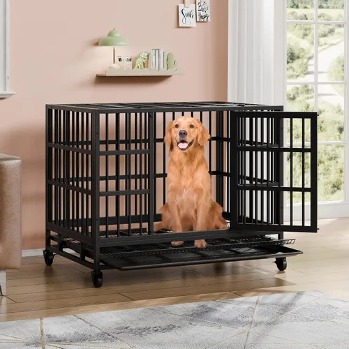Miniatura 2 de Vongrasig Jaulas para perros indestructibles resistentes de 48/38 pulgadas, jaula de escape de doble puerta, jaula de metal reforzado para mascotas