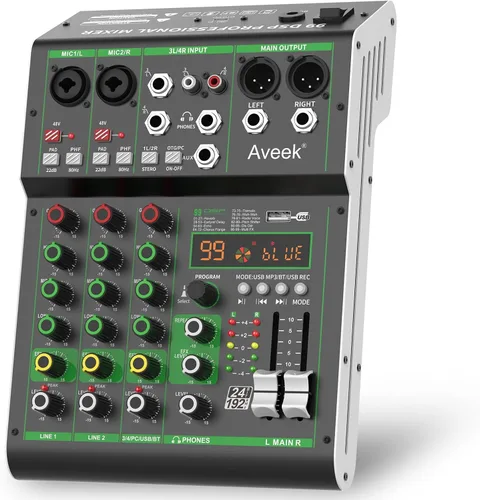 Aveek Mezclador de audio, consola de mezcla de tablero de sonido profesional con unidad USB/Bluetooth/Computadora/Mezclador de DJ de entrada estéreo