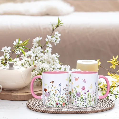 Miniatura 5 de Whaline 2 tazas de café florales de primavera con asa, 12 onzas, acuarela, flores silvestres, mariposa, taza de cerámica para familiares amigos