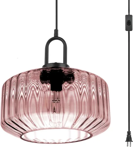 Miniatura 16 de Lámpara colgante de globo de vidrio enchufable, lámpara colgante moderna de mediados de siglo con cable de 14.7 pies, pantalla de vidrio a rayas