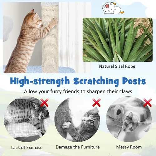Miniatura 8 de Tangkula Árbol para gatos con temática oceánica, torre para gatos de varios niveles con postes rascadores de sisal, condominio, perca, hamaca