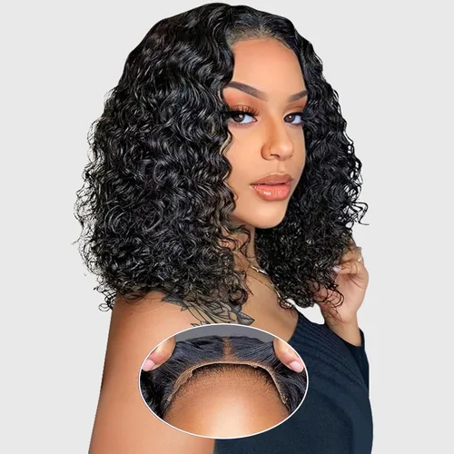 Miniatura 12 de Pelucas de cabello humano sin pegamento predepiladas precortadas Bob rizado corto con encaje frontal para mujeres negras, cierre de encaje 4x4