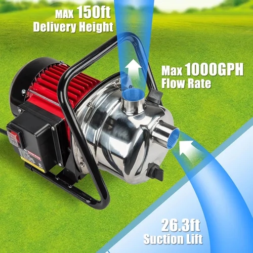 Miniatura 5 de Bomba de Jardín de Transferencia de Agua, 1.6 HP 1000GPH Bomba de Chorro Eléctrica Portátil de Pozo Poco Profundo, Bomba de Refuerzo de Presión