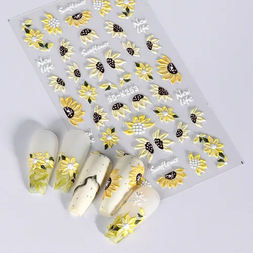 Miniatura 4 de 4 hojas de calcomanías de girasoles para uñas, calcomanías 5D en relieve de flores de sol de verano, calcomanías de uñas grabadas con flores