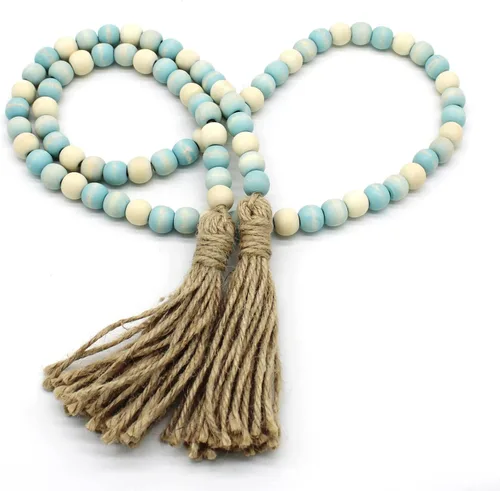 CVHOMEDECO. Guirnalda de cuentas de madera con borlas, estilo rústico de granja, cuentas de oración para colgar en la pared, acento para decoración