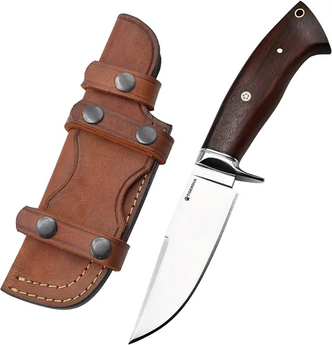 Miniatura 10 de Cuchillo de caza de Damasco hecho a mano con funda de cuero de transporte horizontal, hoja fija de espiga completa para camping, senderismo