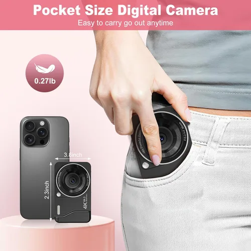 Miniatura 3 de Cámara digital, 4K 64MP, zoom 18X, cámara digital de apuntar y disparar con tarjeta TF de 64 GB y 2 baterías, cámara pequeña recargable portátil