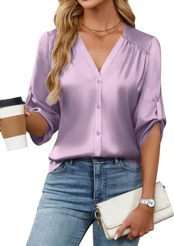 Miniatura 7 de Blooming Jelly Camisas con botones para mujer de manga 3/4, tops casuales elegantes, blusas de negocios de satén de seda plisado 2025
