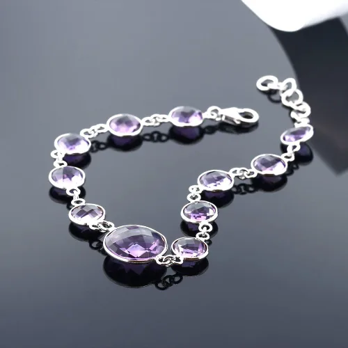Miniatura 3 de Gem Stone King 30.00 Ct Checkerboard Round Blue Topaz 925 Silver 7 Inches Bracelet For Women with 1 Inch Extender