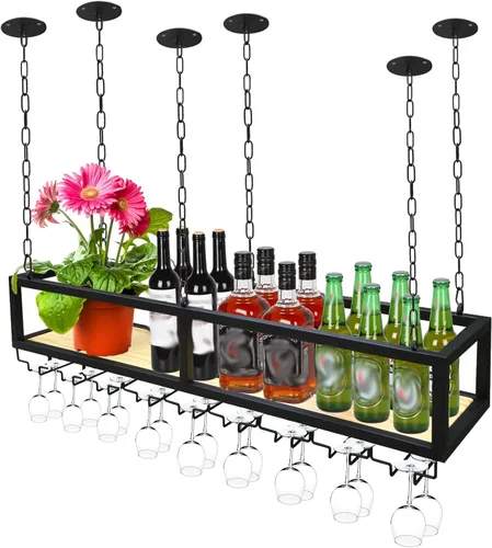 Miniatura 8 de Estante de techo para copas de vino, estante colgante para vino con soporte para vidrio y estante, soporte para botellas de vino colgante industrial